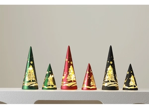 Glow glass Christmas tree candle holders with warm LED lights in various sizes and colors