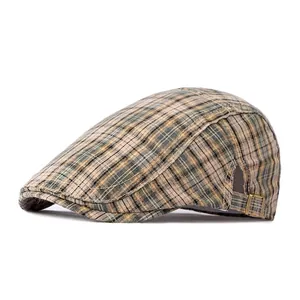 British vintage plaid beret flat cap in khaki with adjustable metal side buckle