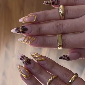 Almond Press On Nails 3D Flower Leopard Pattern Gold Wave Design ABS Plastic Glossy Manicure For Women