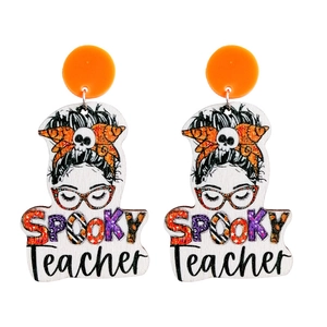Spooky Teacher skull earrings with glasses for Halloween, festive acrylic jewelry