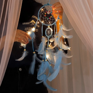 Handmade blue dream catcher with LED lights and feathers for home outdoor decor