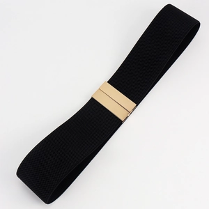 Detail of high-elastic black waist belt with gold metal buckle and mesh texture