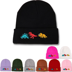 Kids Winter Knitted Beanie Hat Dinosaur Embroidery Warm Polyester Folded Cuff Outdoor Cap For Boys And Girls