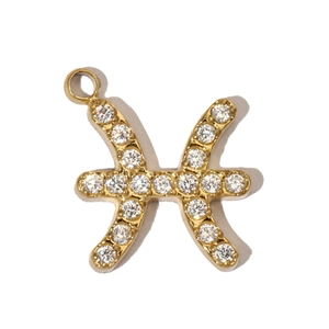 Detailed close-up of golden Pisces zodiac pendant with sparkling zircon stone inlay