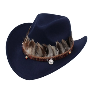 Detailed view of navy felt cowboy hat with ethnic woven band and feather accents