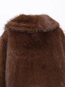 Close-up of fluffy brown faux fur coat featuring a wide collar and premium plush texture