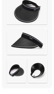 Detailed views of women's black straw sun visor with adjustable strap and contrast trim