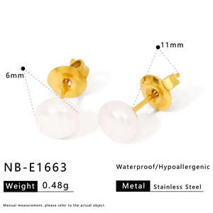Elegant 6mm natural pearl earrings in waterproof hypoallergenic stainless steel gold finish