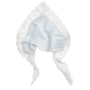 Floral light blue hair scarf with white lace trim and pom-pom fringe details for girls