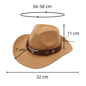 Detailed size chart of khaki western cowboy hat with cattle head belt 56-58cm