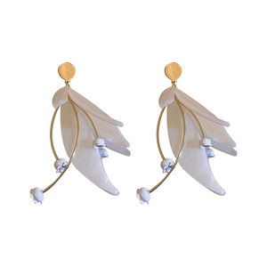 Elegant white petal drop earrings with light blue flowers and golden metal long design