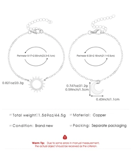 Detailed view of copper sun and moon pendant bracelets with sizing and weight specs