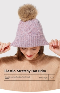 Detail of winter knitted hat showing elastic cuff and premium faux fur pom-pom texture