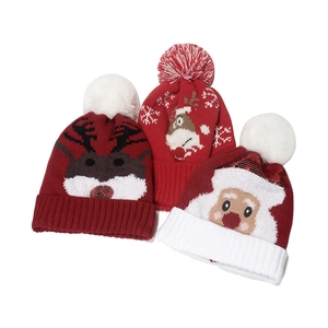 Weihnachtsstrickmütze Acryl Rentier Weihnachtsmann Muster Weicher Bommel Winter Warm Feiertags Kopfbedeckung
