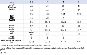 Detailed size chart for plaid balloon sleeve shirt with measurements from XS to L