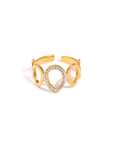 Detailed view of adjustable gold open ring with teardrop hollows and zircon pavé setting