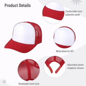Breathable red and white mesh trucker hat for DIY custom printing and adjustable fit