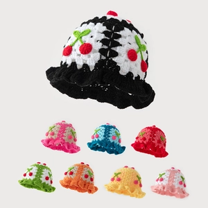 Kids Crochet Bucket Hat Handmade Knit Acrylic Cherry Decor Hollow Ruffle Edge Sweet Pastoral Style For Toddler