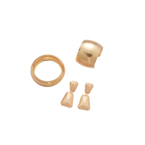 Golden jewelry set with hammer-texture wide bangle, cuff bracelet and dangle earrings