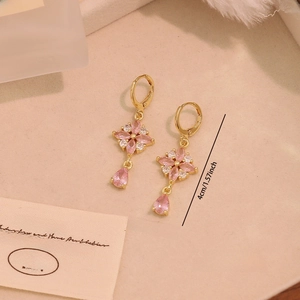 Detailed view of pink flower water-drop earrings with dimensions 1.2cm by 4cm