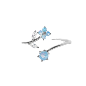 Adjustable silver flower ring with blue gemstones and sparkling zircon accents