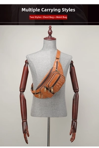 Detail of crocodile embossed leather sling bag with multiple zippers and adjustable strap