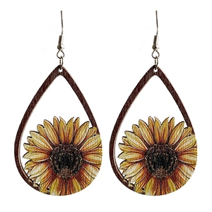 Western wooden teardrop earrings with engraved sunflower and cactus print pattern