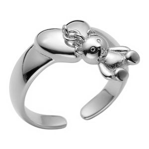 Adjustable silver heart ring with a dangling 3D bear charm and minimalist open band design