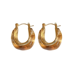 Vintage amber resin U-shaped gold hoop earrings with minimalist geometric design for women
