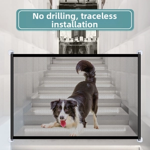 Mesh pet safety gate with no-drilling hooks installed on indoor stairs for dogs
