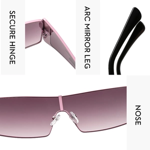 Dettagli degli occhiali rosa sfumati con cerniere sicure e stanghette curve ergonomiche