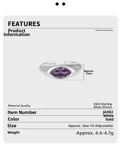 Detail of adjustable S925 sterling silver ring featuring marquise purple zircon stone