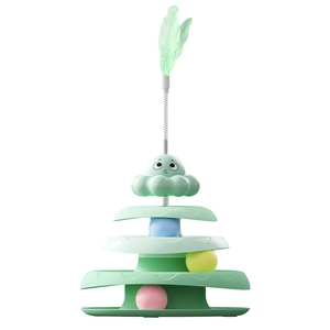 3-tier cat track toy with colorful balls and interactive spring feather in mint green