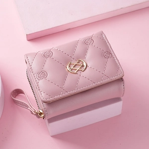 Women Small Tri-fold Wallet PU Leather Quilted Embroidery Zipper Coin Purse With Wrist Strap Stylish Clutch Bag