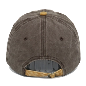 Back view of brown washed cotton baseball cap with contrasting yellow strap and metal buckle