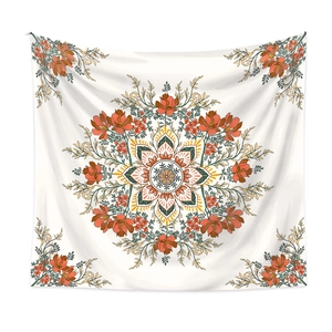 Bohemian mandala tapestry wall hanging with intricate floral pattern in rust and green