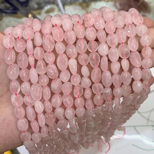 Handheld natural irregular pink crystal beads necklace on stainless steel chain link
