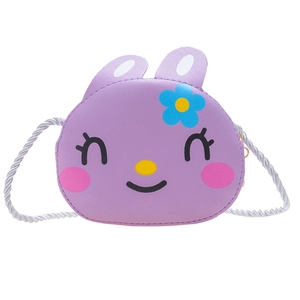 Cute purple bunny shaped kids cross-body bag with woven strap on white background
