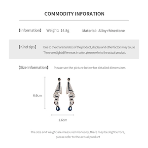 Detail view showing dimensions and weight of long rhinestone teardrop tassel earrings