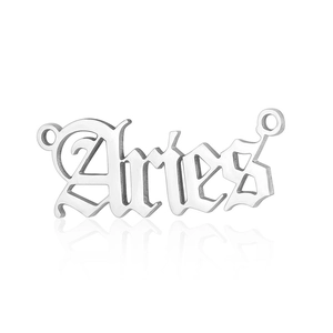 Macro view of silver Aries zodiac letter charm with gothic font and dual rings