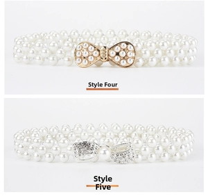 Detail of elegant elastic pearl belts with gold pearl bow and silver rhinestone buckles