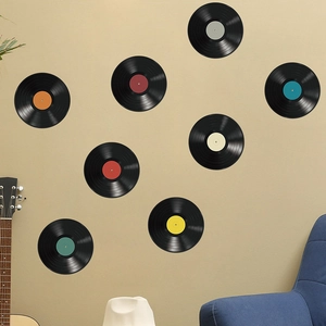 Set van 8 klassieke vinyl platen muurstickers voor retro muziek thema decoratie