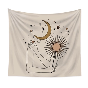 Morandi artistic moon and sun line art wall tapestry for minimalist bedroom decor