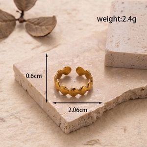 Adjustable golden stainless steel open ring with textured shell pattern and 0.6cm width