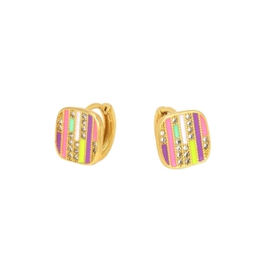 Gold-plated hoop earrings with vibrant multi-colored enamel stripes and zircon accents