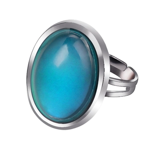 Macro shot of silver ring featuring a round thermochromic gemstone with hollow band design