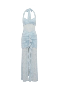 Detail of light blue lace halter dress featuring delicate ruffles and pleated mesh texture