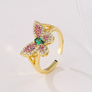 18K gold plated butterfly open ring with pink zircon and green marquise stone