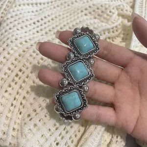Bracelet bohème rétro en argent avec pierres de turquoise géométriques bleues