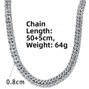 Silver Cuban link necklace details showing 50+5cm length, 64g weight and 0.8cm width